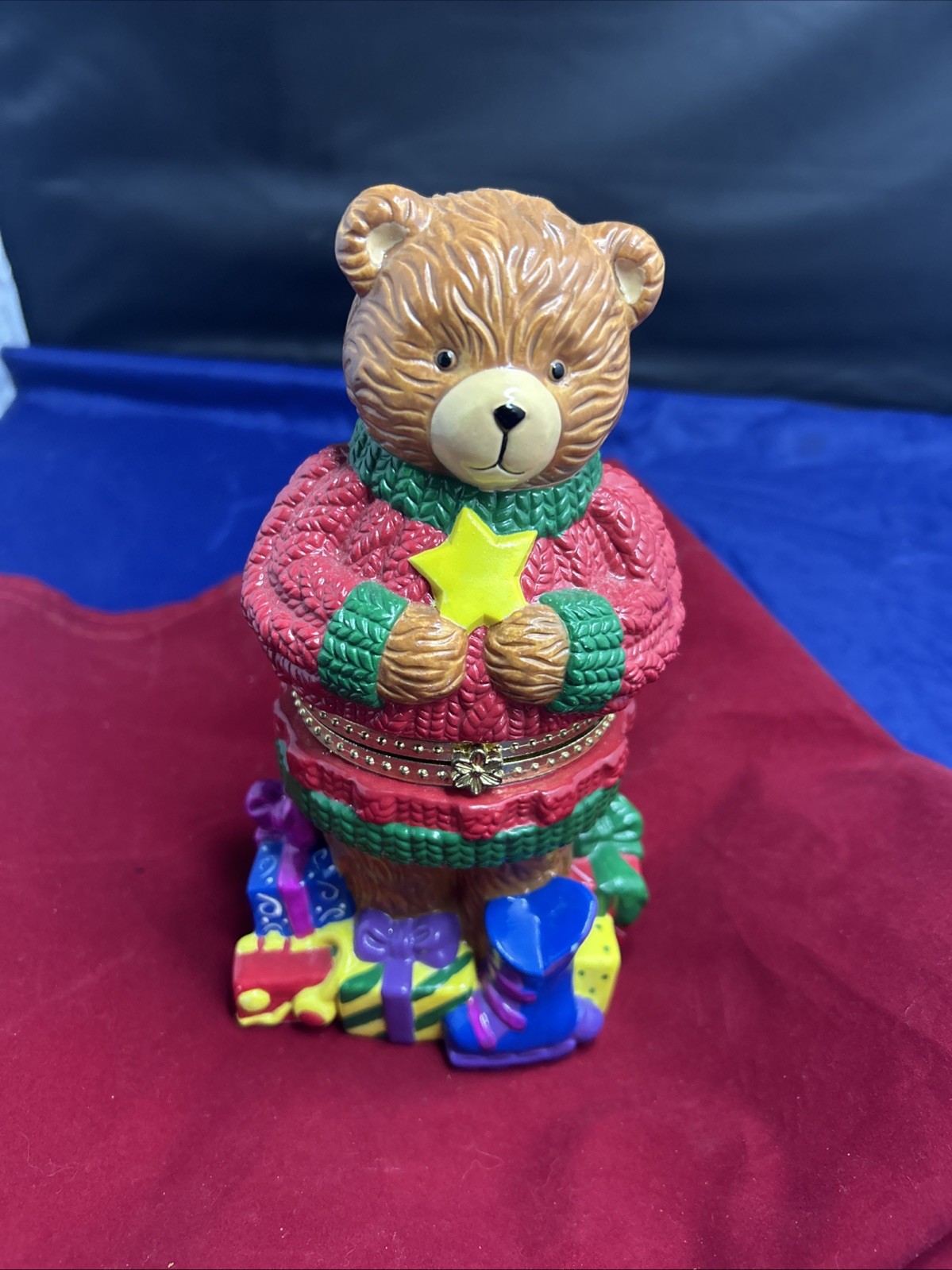 Vintage Porcelain Teddy Bear Hinged Trinket Box holding Star 1998 signed 8”