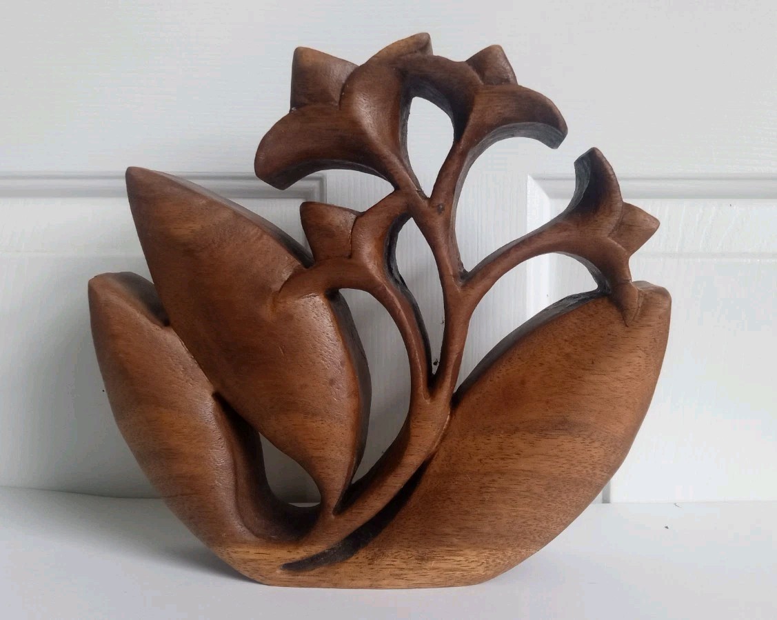  Teak Wood Leaf Flower Sculpture Vintage Mid Century Modern Signed Carved Art