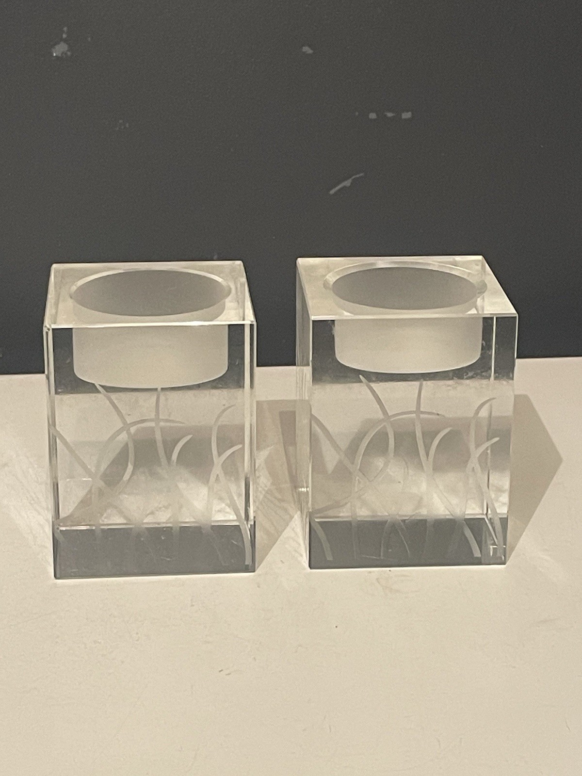 Pair Clear Block Candle Holders Etched Grass Reeds Modern Geometric Votive