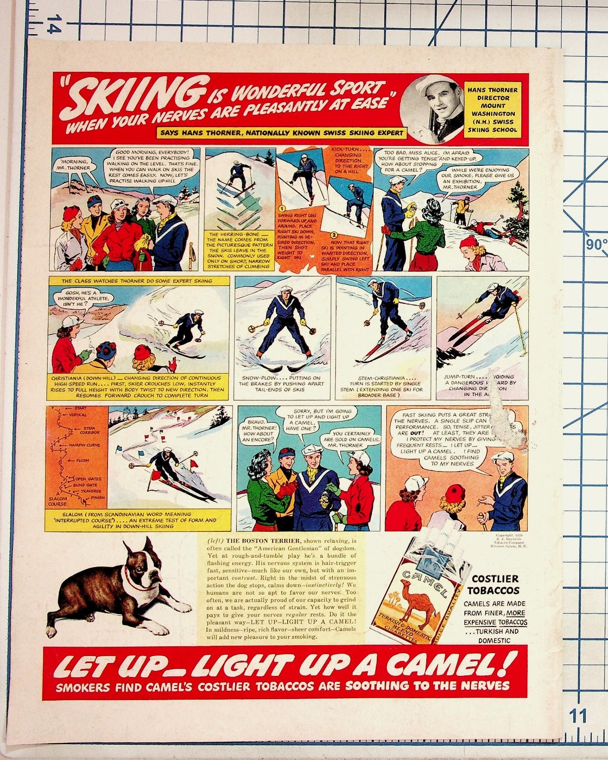 1939 Camel Cigarettes Ad Skiing Hans Thorner Boston Terrier Vintage Ephemera