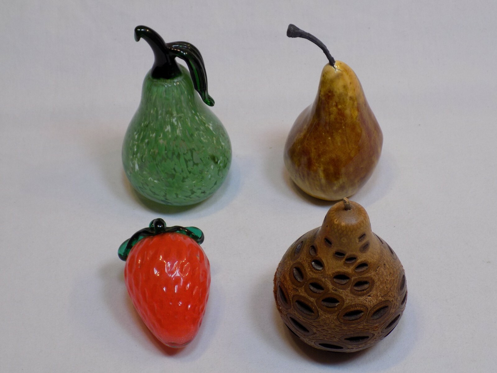 Glass Fruit LOT 3 Set Green Pear Red Strawberry + Wood? Brown Pear Vintage Old