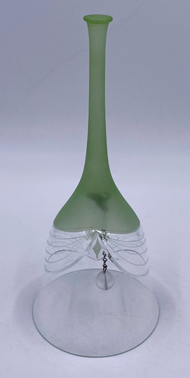 Unique Shaped Crystal Bell - Sating Green Glass and Etched Base - No damage. 8\