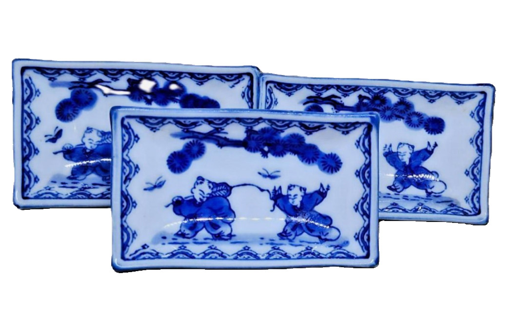 Vtg Kazan Nabeshima Blue & White Porcelain Rectangular Dishes Karako Children 4\