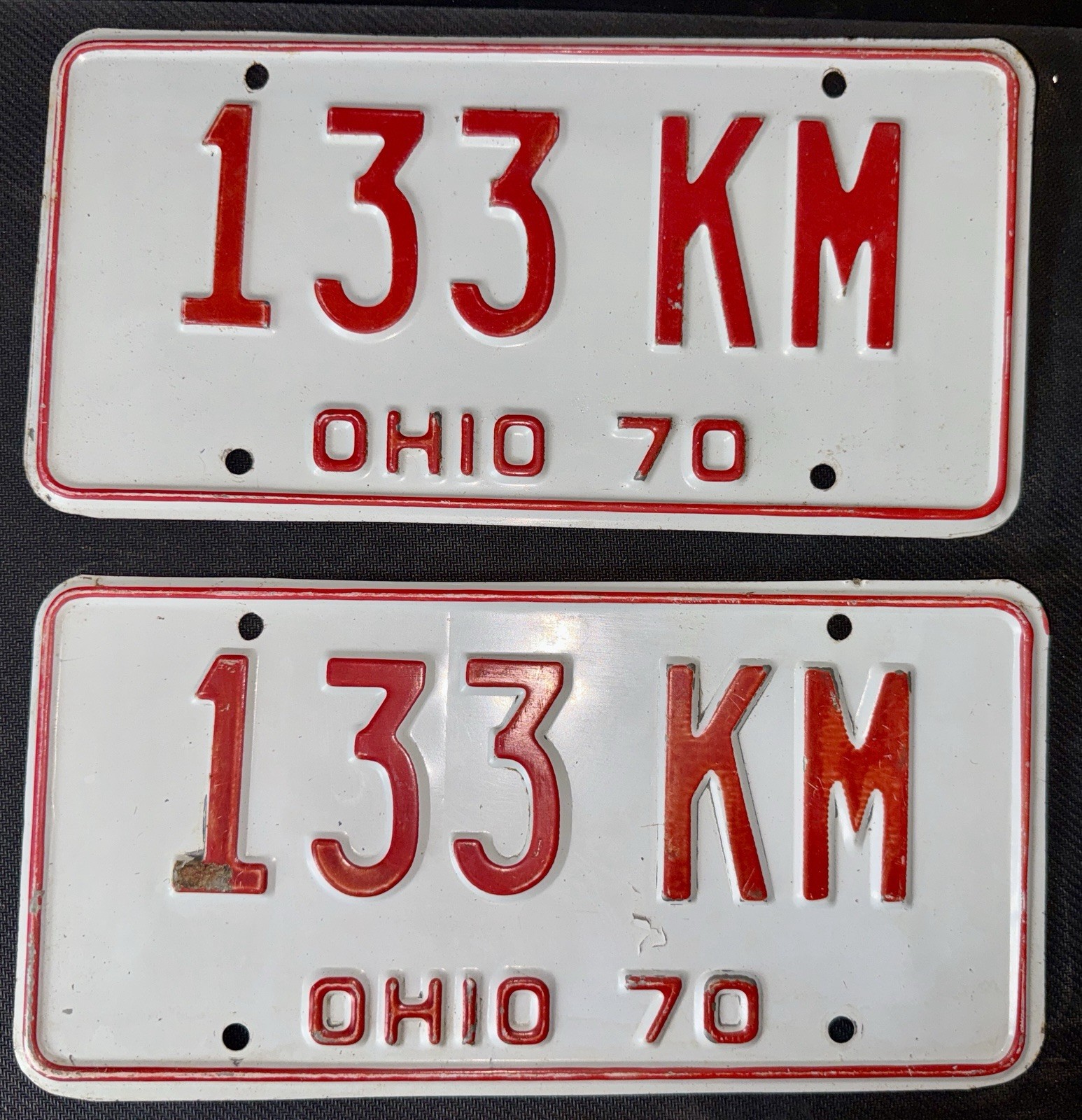 1970 OHIO VINTAGE LOW NUMBERED LICENSE PLATE PAIR ~ 133KM ~ OSU ~ RARE