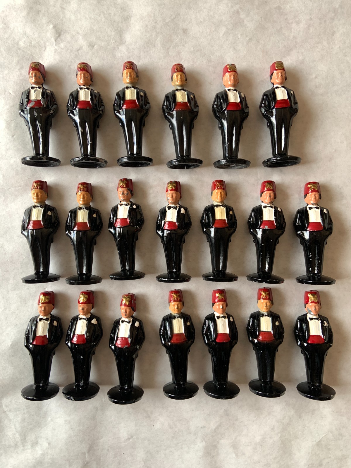 20 Lot Vintage Shriners Masonic Red Fez Figurine Cast Metal Painted Tuxedo 1960s