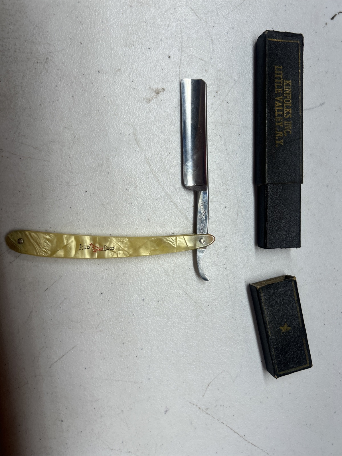 Kinfolks Real Red Bird straight razor Fancy Pearl Celluloid Handle RARE