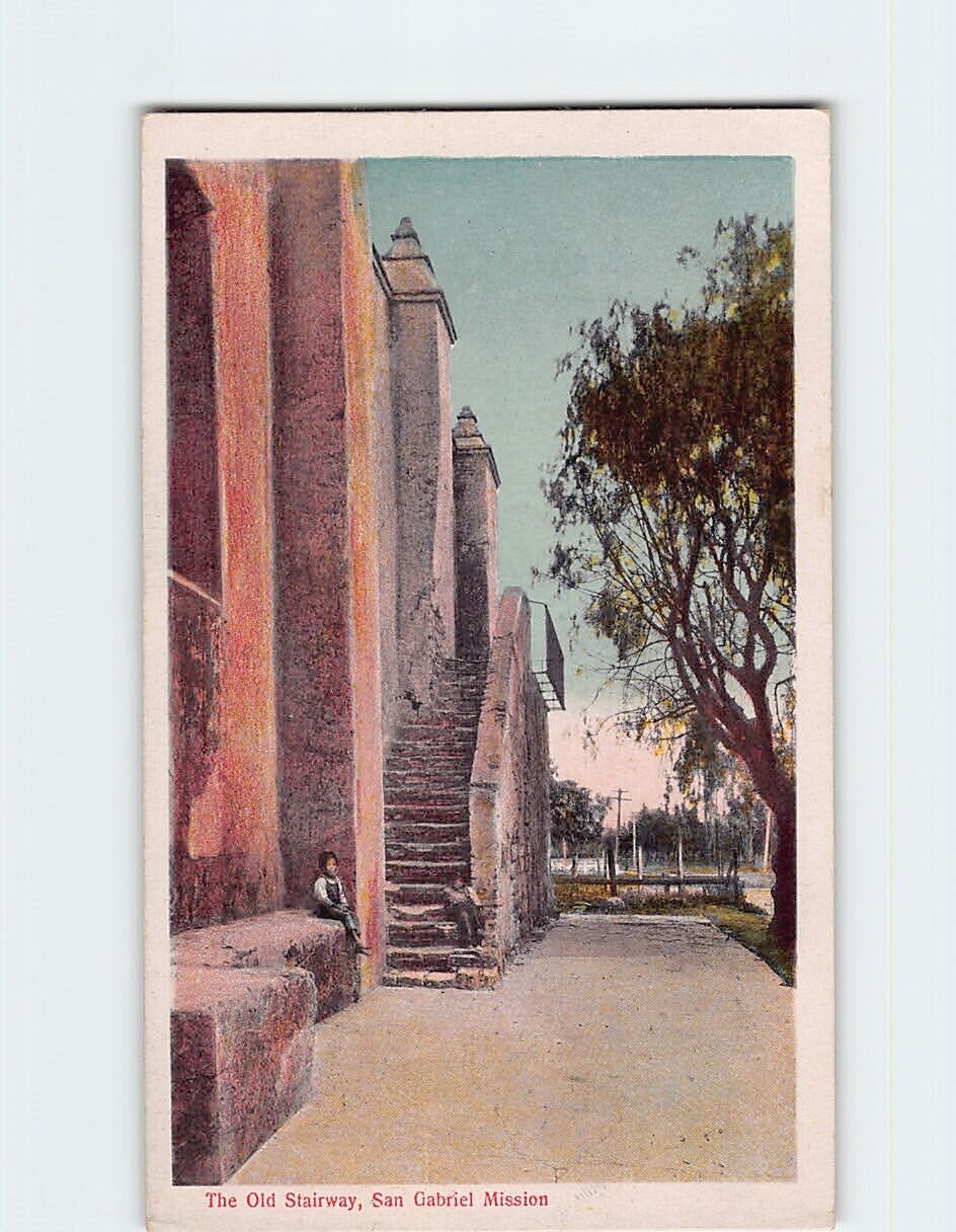 Postcard The Old Stairway, San Gabriel Mission, San Gabriel, California