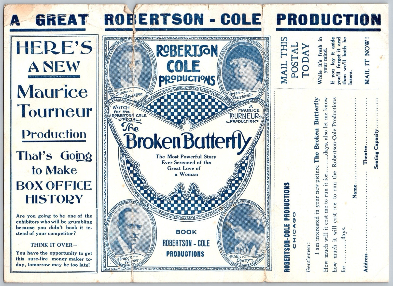 1919 The Broken Butterfly Silent Film Advertising Mailer Lena Illinois Theater