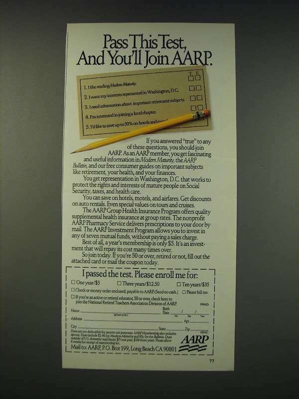 1990 AARP Membership Ad - Pass this test, and you'll join AARP