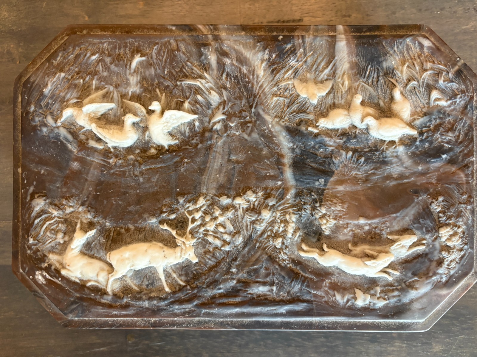 1970s Incolay Selva Vita Wildlife Jewelry Box, Marbled Stone Vanity Decor 