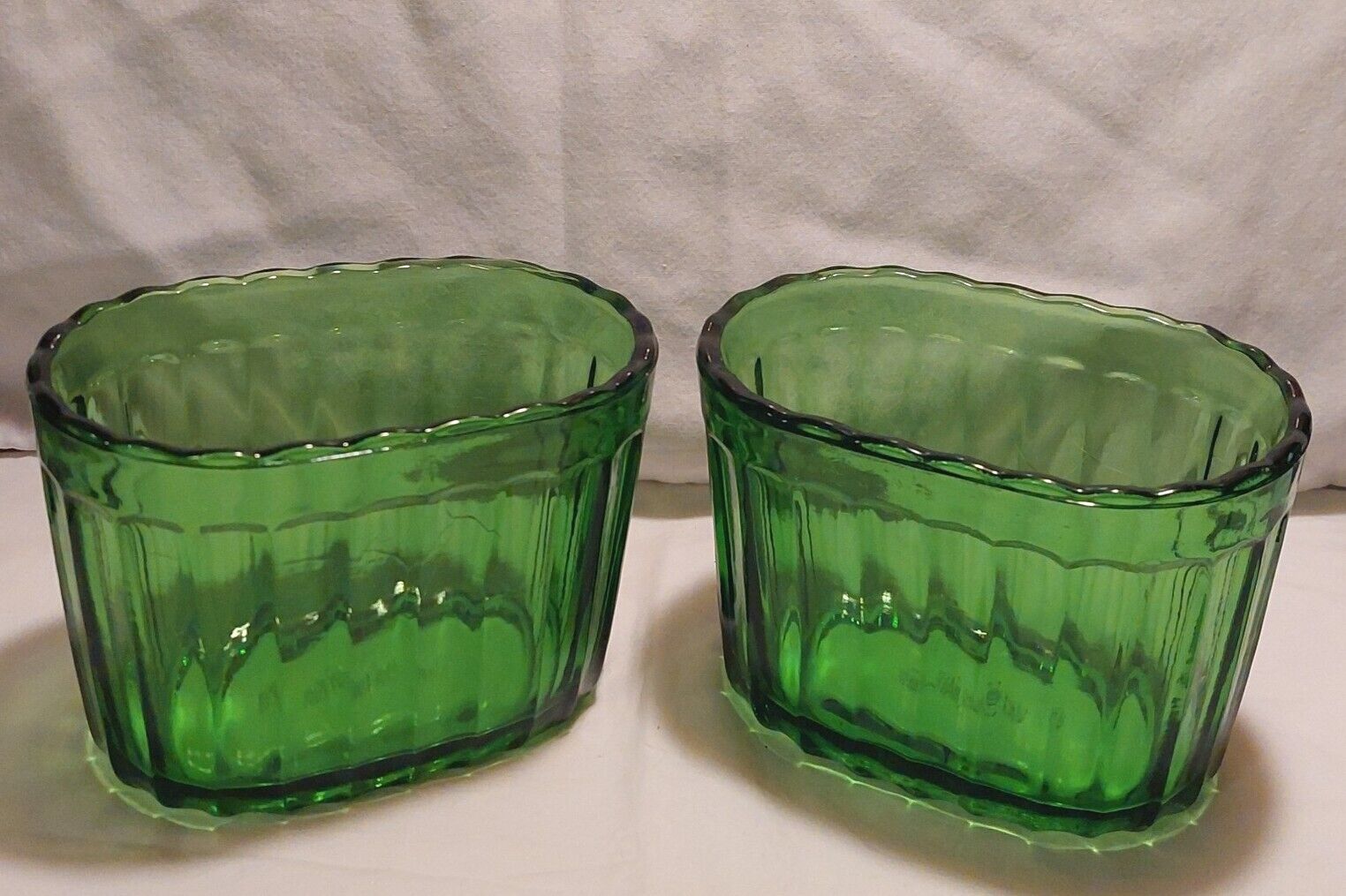 Vtg Set Of Vase Mate  Ribbed Green Glass Rectangular Oval Vases