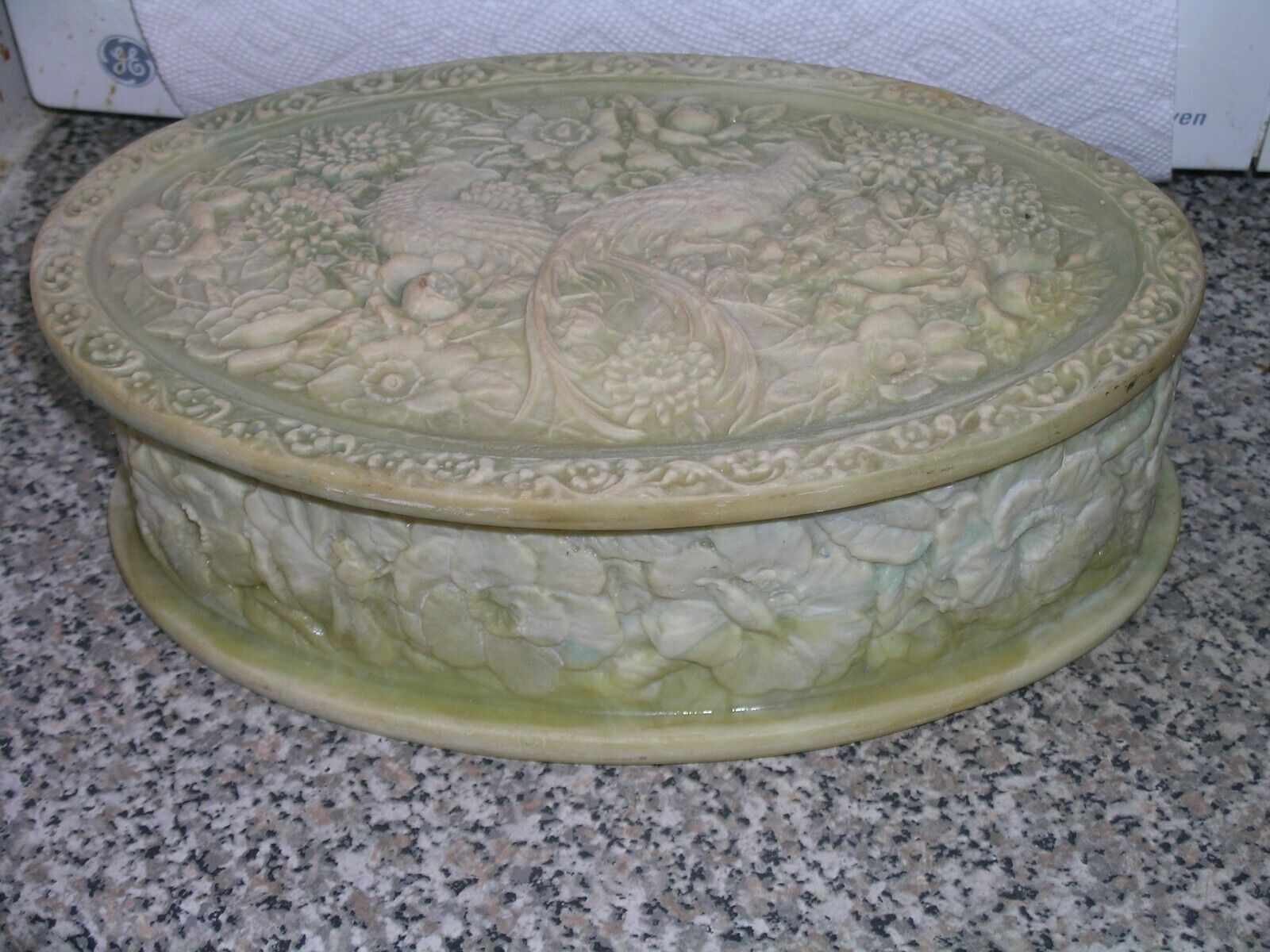 Vintage Incolay Jewelry Box Oval Bird Of Paradise Green AS IS Broken Hinge