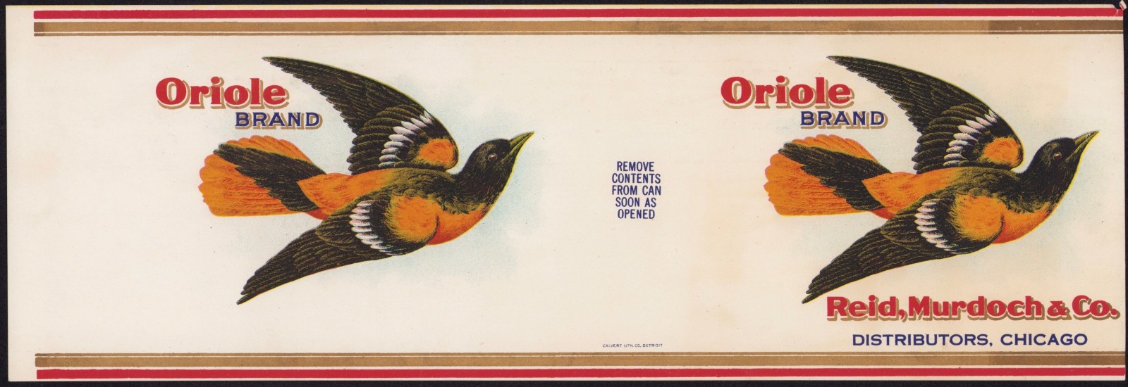 ORIOLE BRAND antique can label Reid, Murdoch Chicago Calvert Litho sample 1922