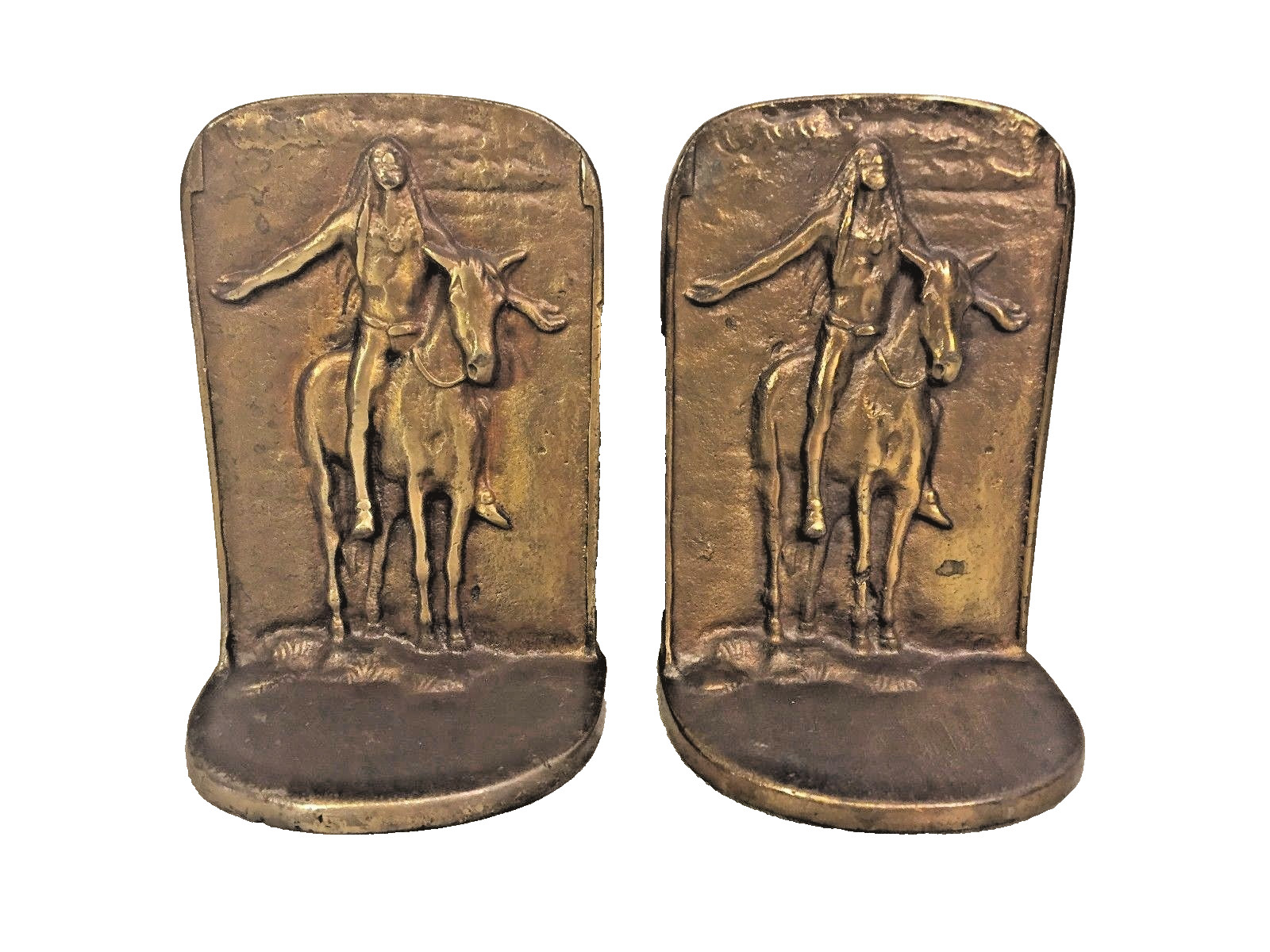 Vtg Pair of Bronze Bookends Indian on Horse by Bron /ME