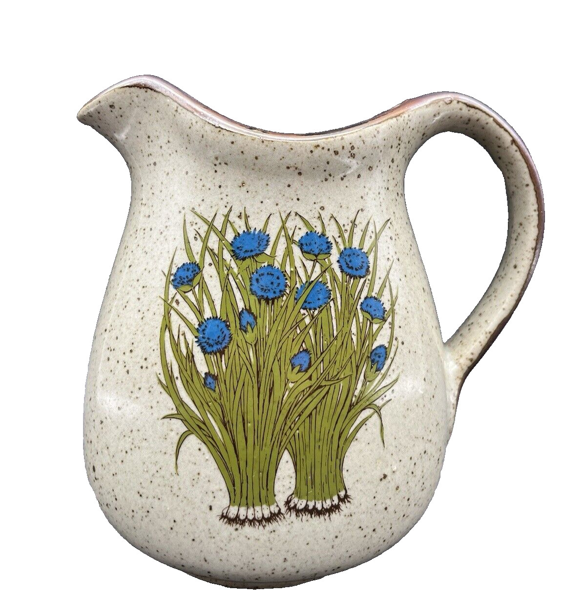 Vintage 1970\'s Takahashi Speckled Stoneware Pitcher Blue Flowers Japan Retro Vintage 1970\'s Takahashi Speckled Stoneware Pitcher Blue Flowers Japan Retro