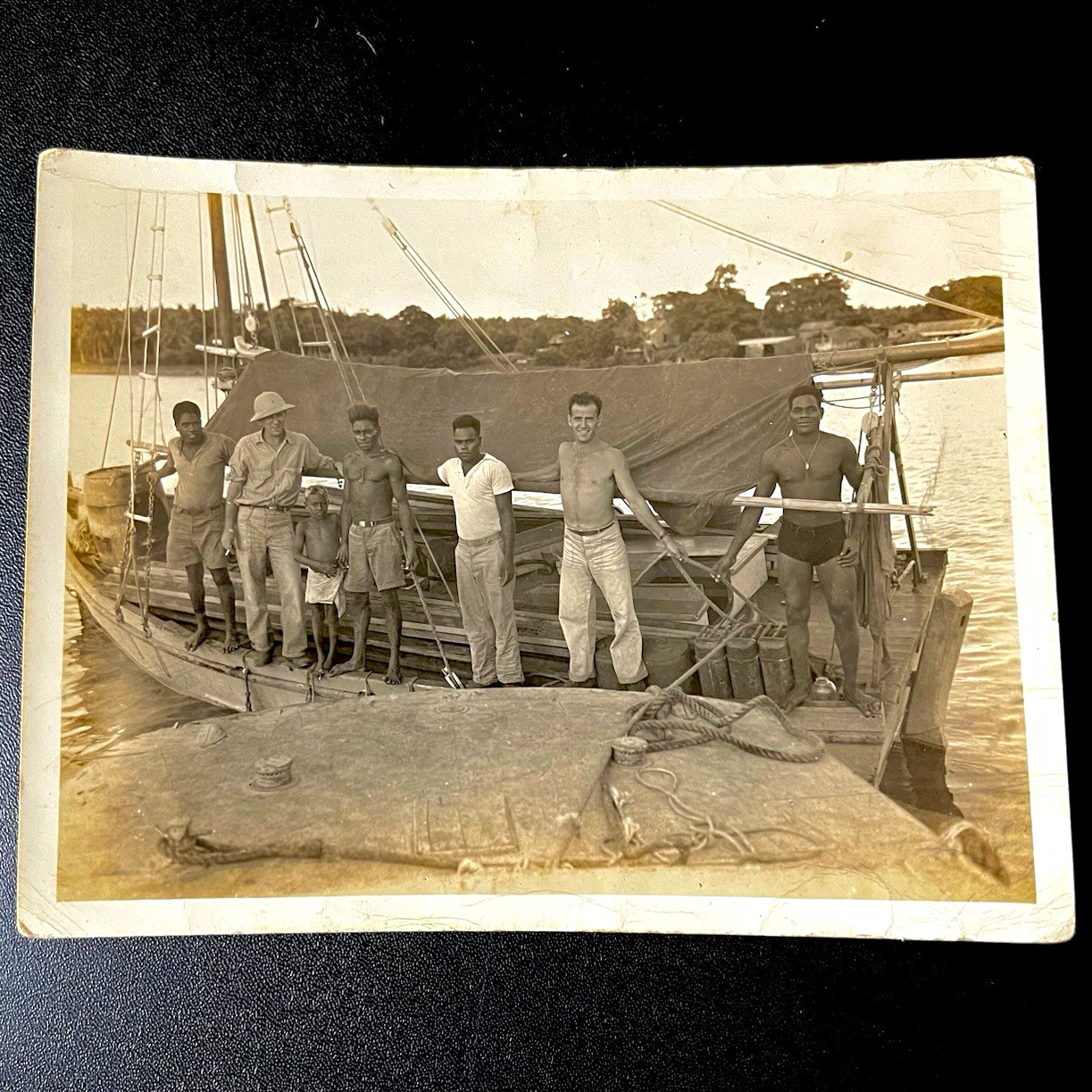 Vintage B&W Original Photograph Men Standing on Sailboat, Naval Censor Stamp