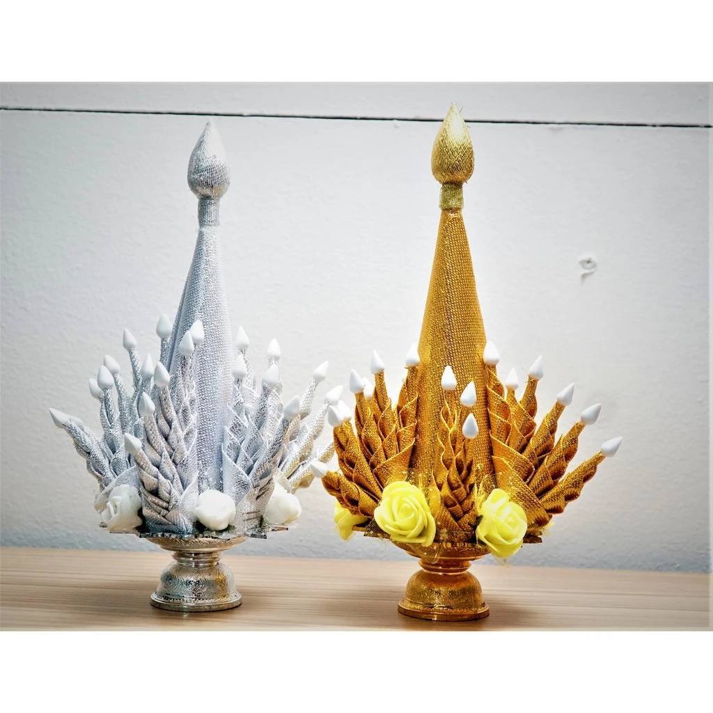 Gold-Silver Phan Offering Buddha Altar Fitting Folded Green Fabric Bai Sri