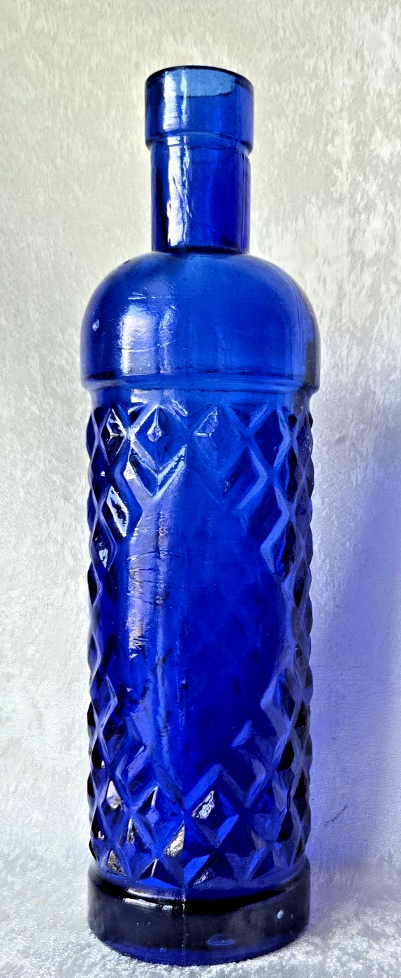 Vintage Cobalt Blue Glass Bottle w/Diamond Pattern 9.5\