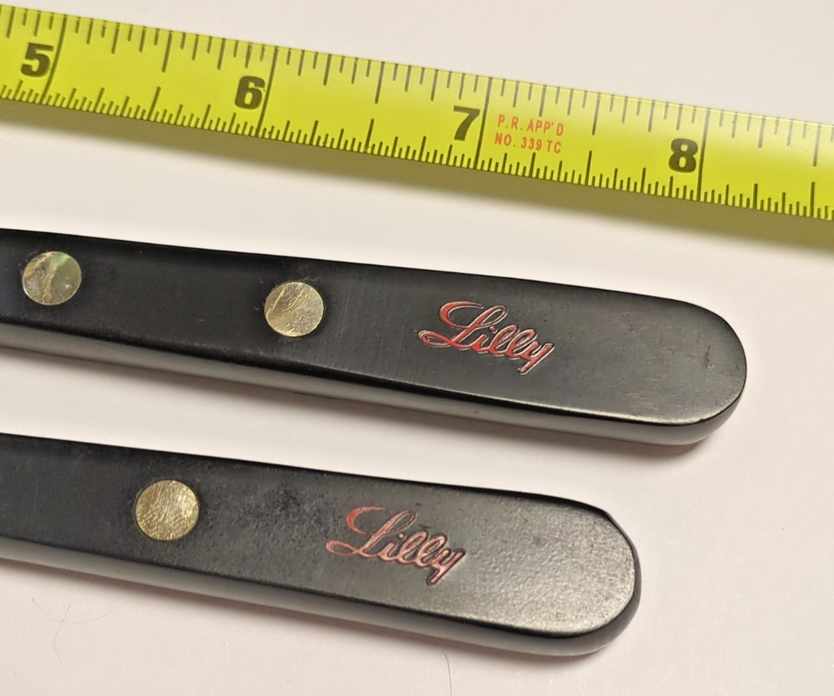 VTG Eli Lilly Pharmacy 2 piece Spatula Set Box Stainless Steel Scratched No Box
