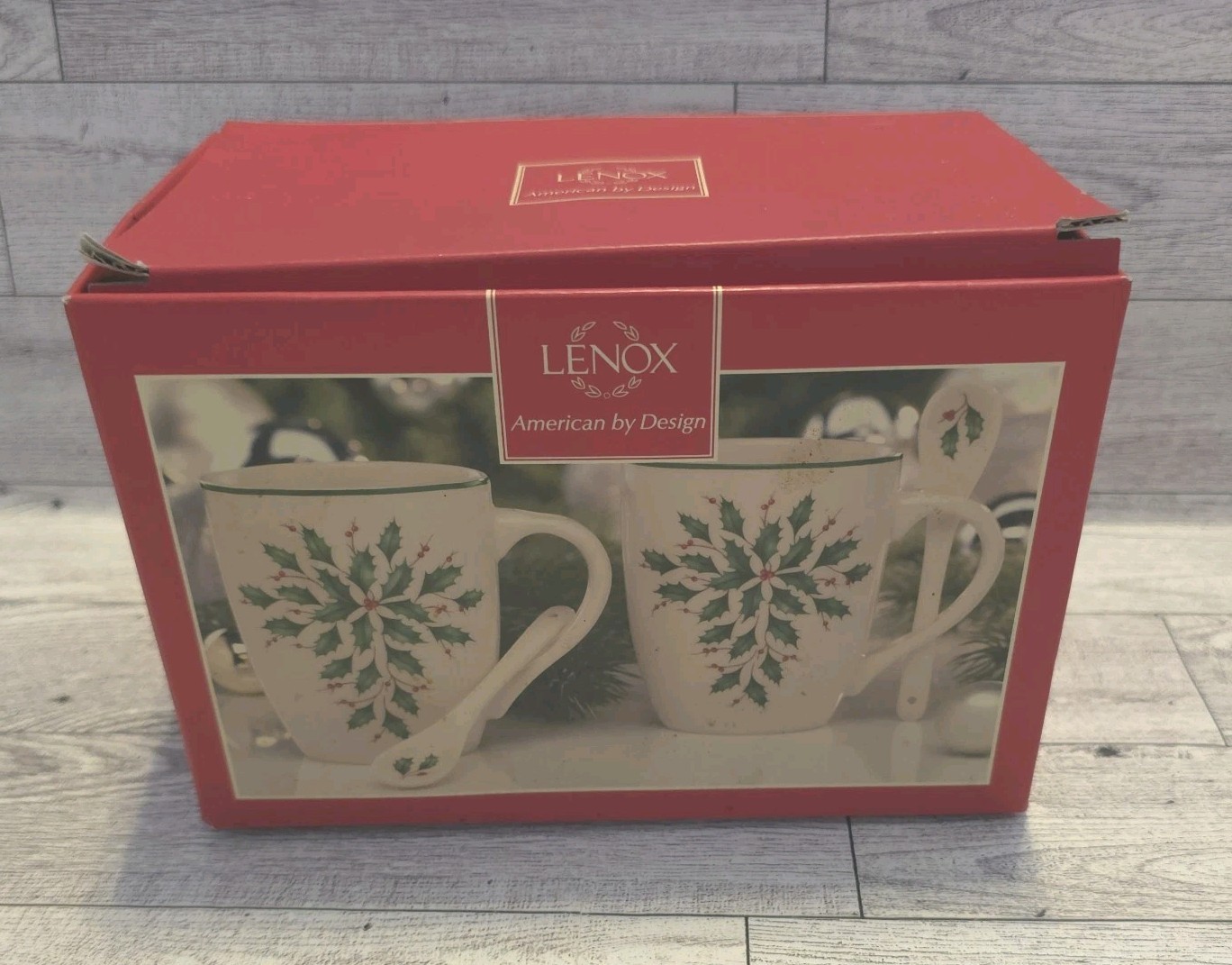 Lenox Holiday Holly Mug Set w Spoon Winter Greetings Christmas China