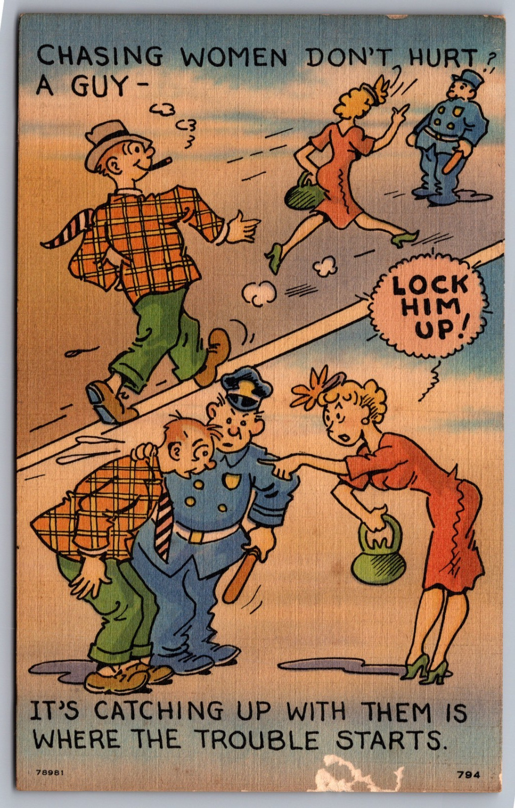 1950s Chasing Women Don't Hurt A Guy Policeman Postcard Sexist Humor