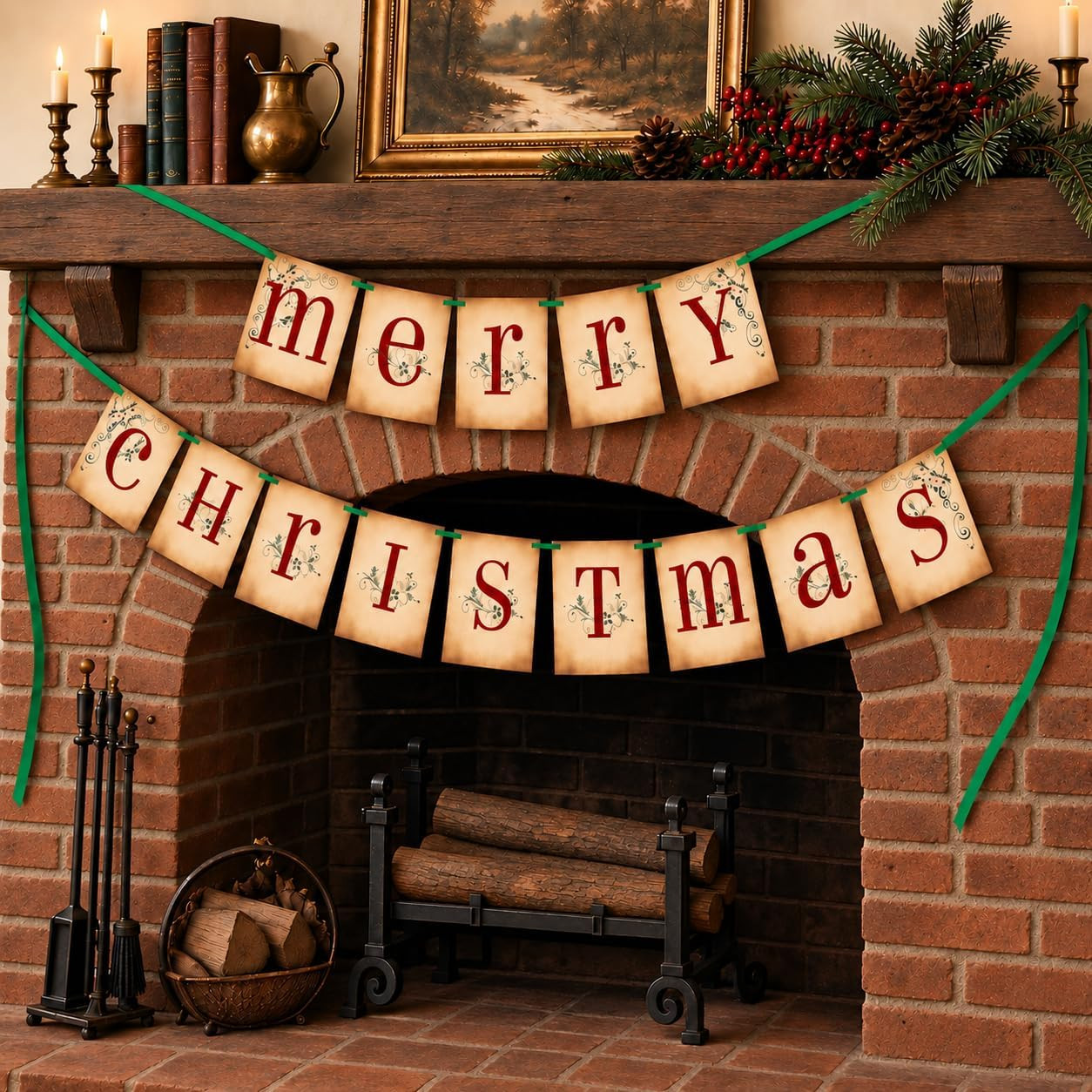 Vintage Merry Christmas Banner, Christmas Mantel Decor