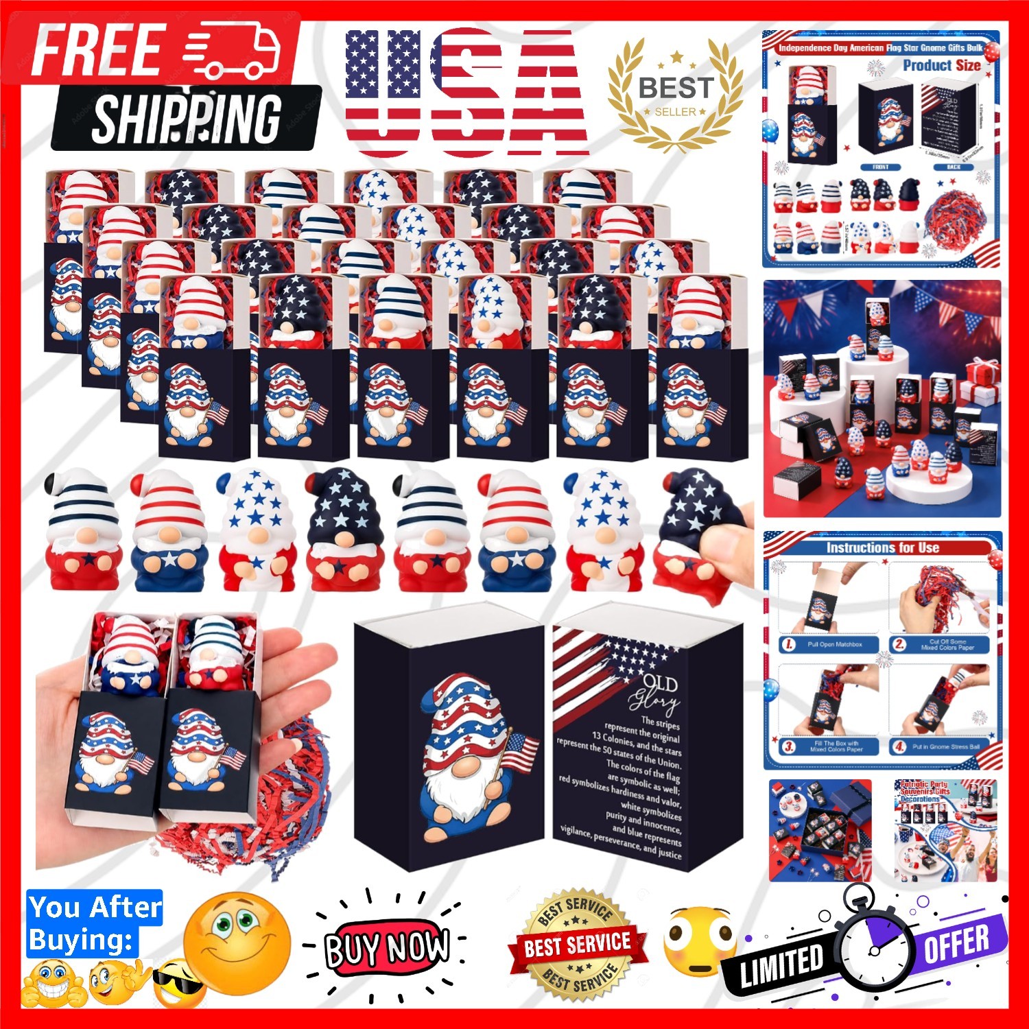12 Sets Patriotic Theme Gifts Gnome Stress Balls with Boxes | for Veterans Da...