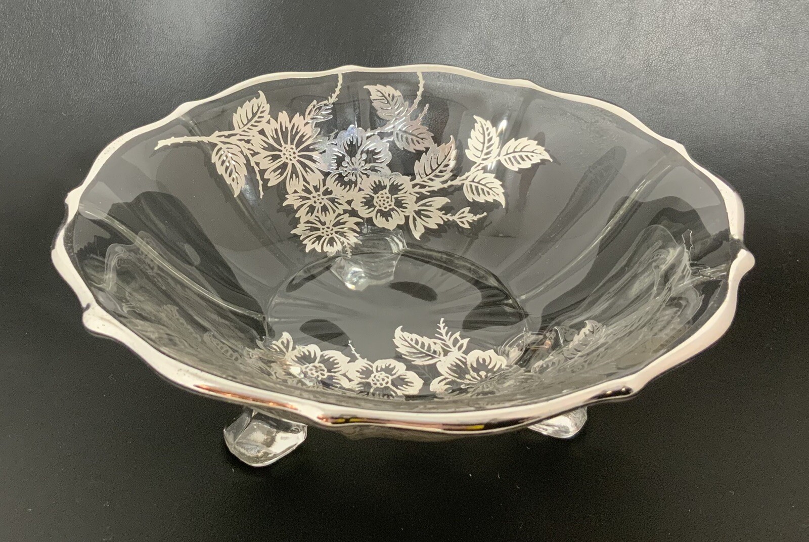 Silver Overlay Footed Round Glass Bowl Floral Pattern Silver Rim Vintage 6”