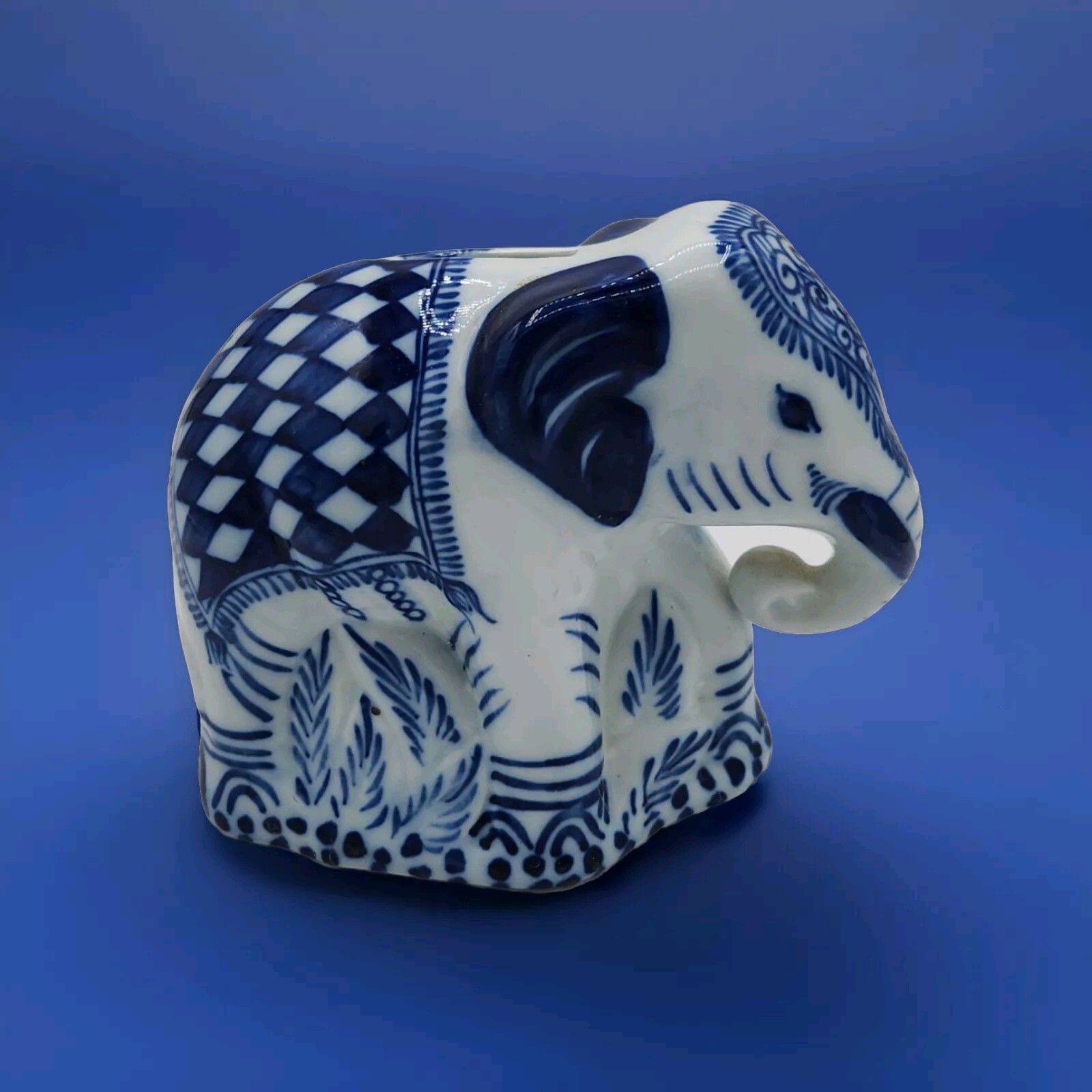 Elephant Bank Colbalt Blue And White Porcelain, Made In Thailand 4 1/2 in. Tall