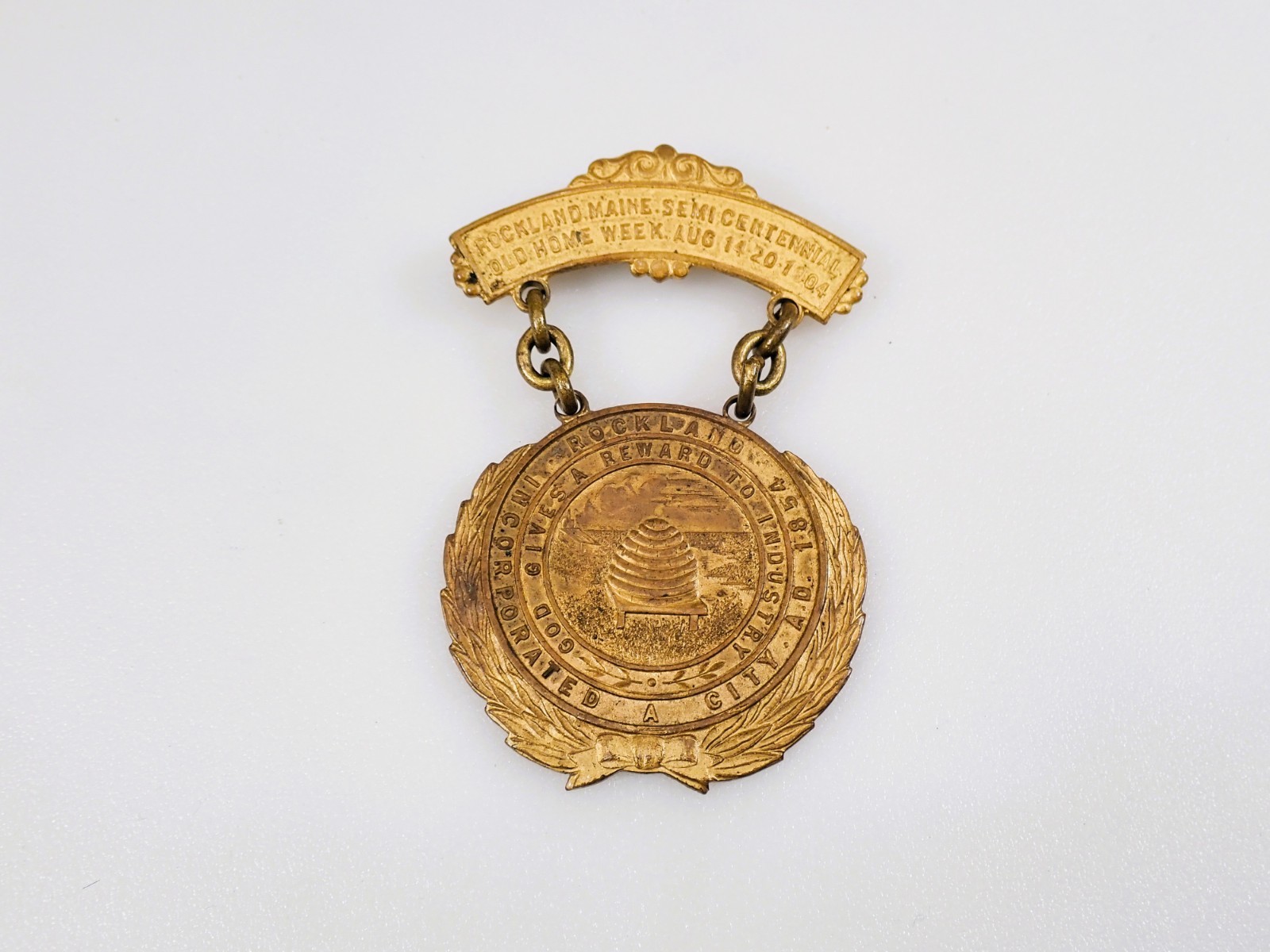 Antique 1904 Rockland Maine Semi-Centennial Medal Whitehead & Hoag Beehive