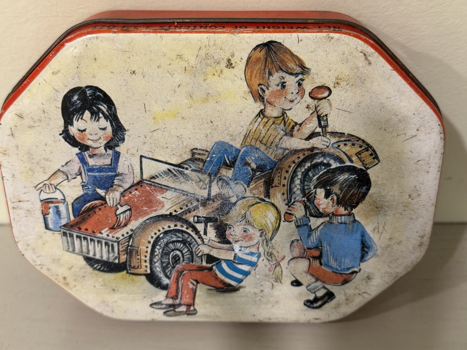 Vintage Daintee Toffee Confectionery Tin From England Kids Working On Go Kart