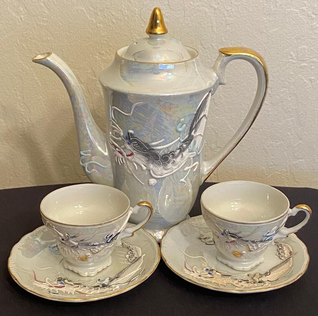 Vintage Hand Painted Moriage White Luster Dragonware Tea Pot, 2 Cups, 2 Saucers