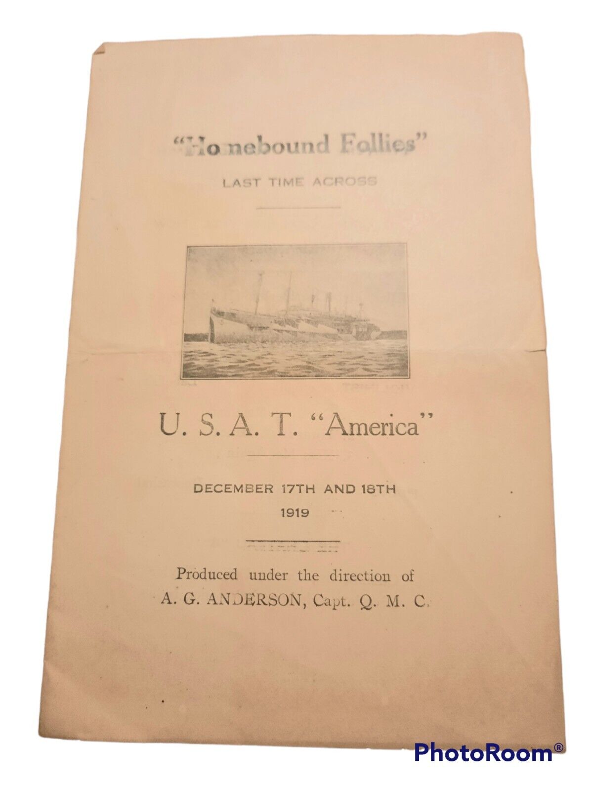 Antique Passenger Ship Music Program The U.S.A.T. America Homebound Follies 1919