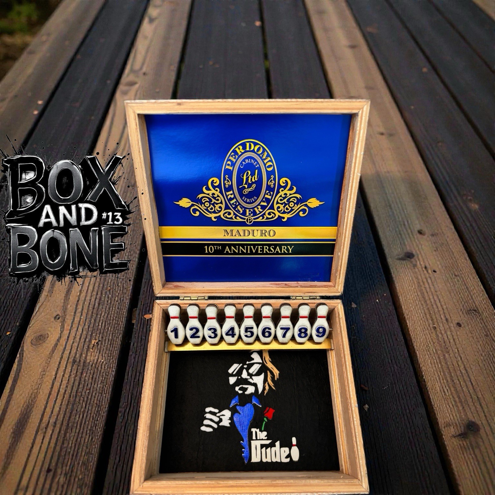Perdomo Reserve 10th Anniversary Maduro Cigar Box Lebowski Mini Bowling Pins