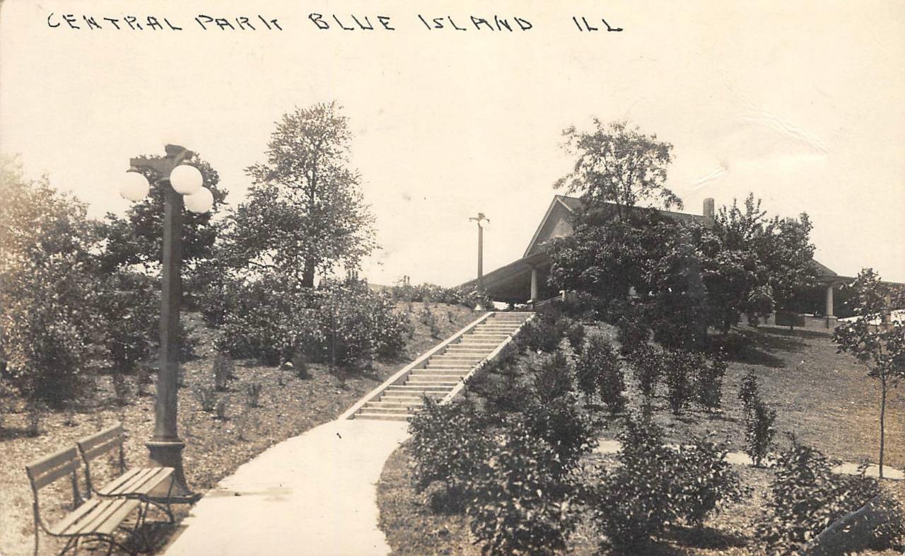 RPPC Central Park BLUE ISLAND, ILLINOIS Cook County 1914 Antique Huckins Photo