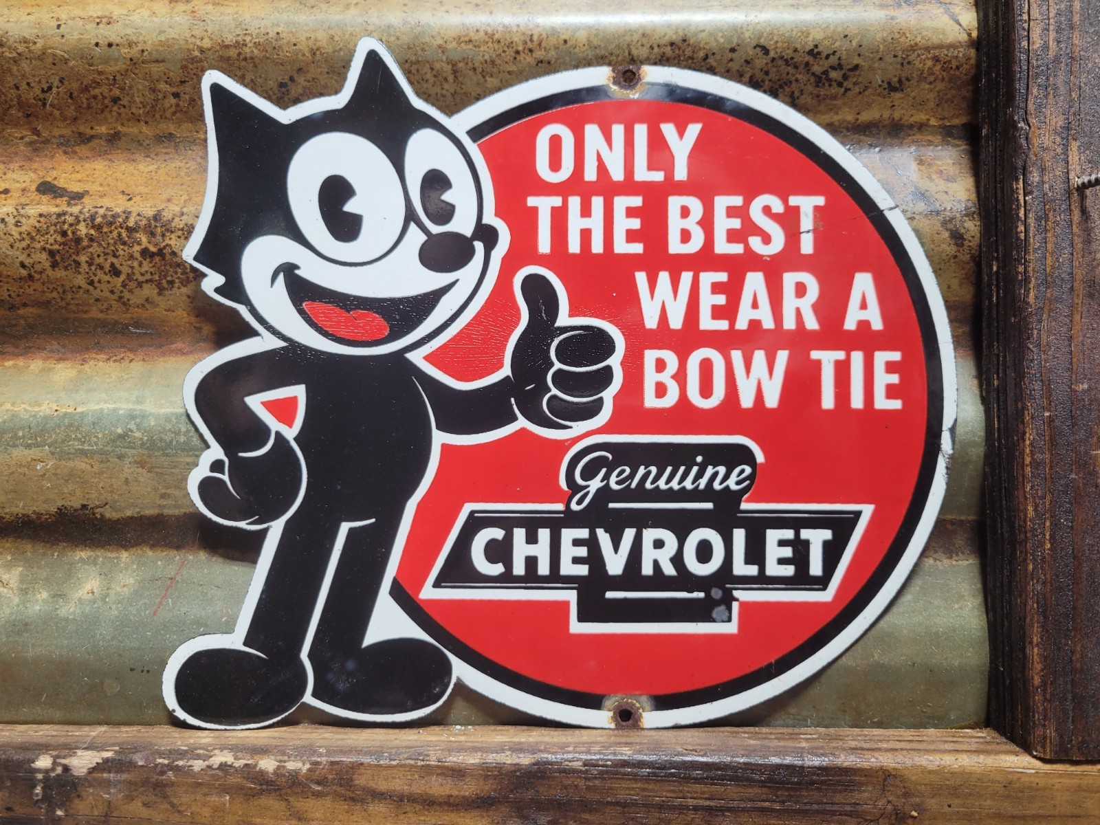 VINTAGE FELIX CHEVROLET PORCELAIN SIGN OLD CHEVY DEALER BOWTIE DIECUT CAR TRUCK