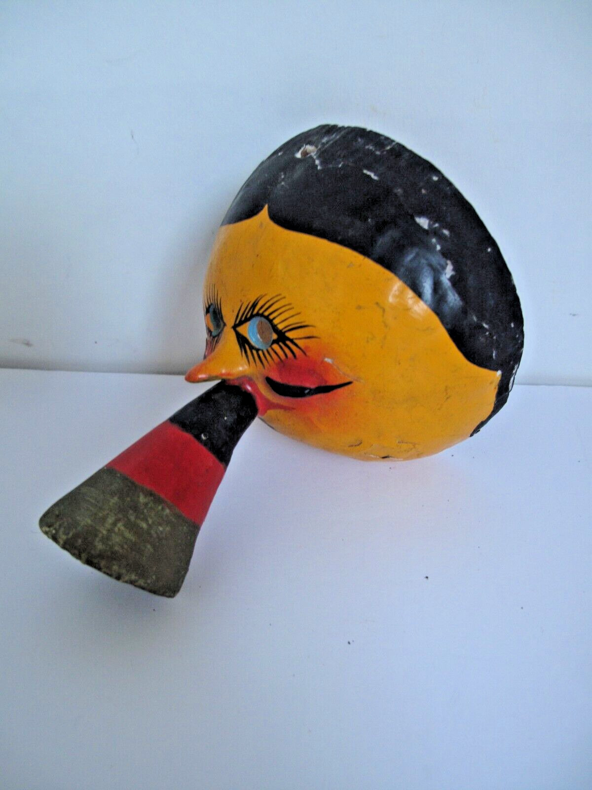 Vintage Mexican Folk Art Coconut Shell Mask Hand Painted Face w/ Horn