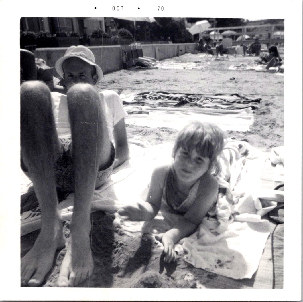 Father and Daughter Relaxing on Balboa Island Beach, 1970 B&W Snapshot Photo
