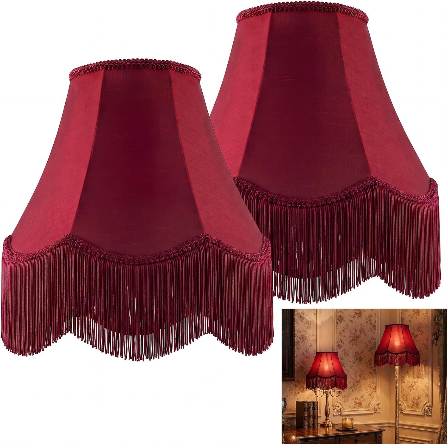 Fringe Lamp Shade Set of 2, Burgundy Vintage Scalloped Lampshade | Victorian Bel Fringe Lamp Shade Set of 2, Burgundy Vintage Scalloped Lampshade | Victorian Bel