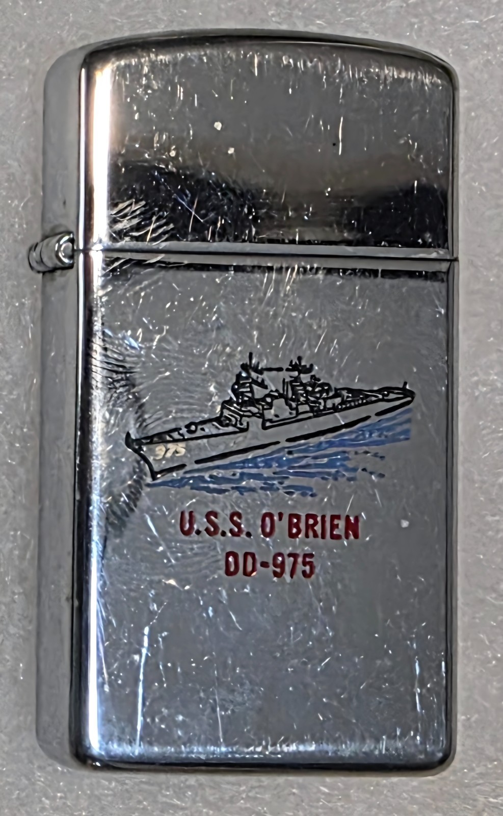 Vintage Metal Zippo, USS O\'Brien DD-975, Slim, Double Sided, Destroyer Ship Vintage Metal Zippo, USS O\'Brien DD-975, Slim, Double Sided, Destroyer Ship