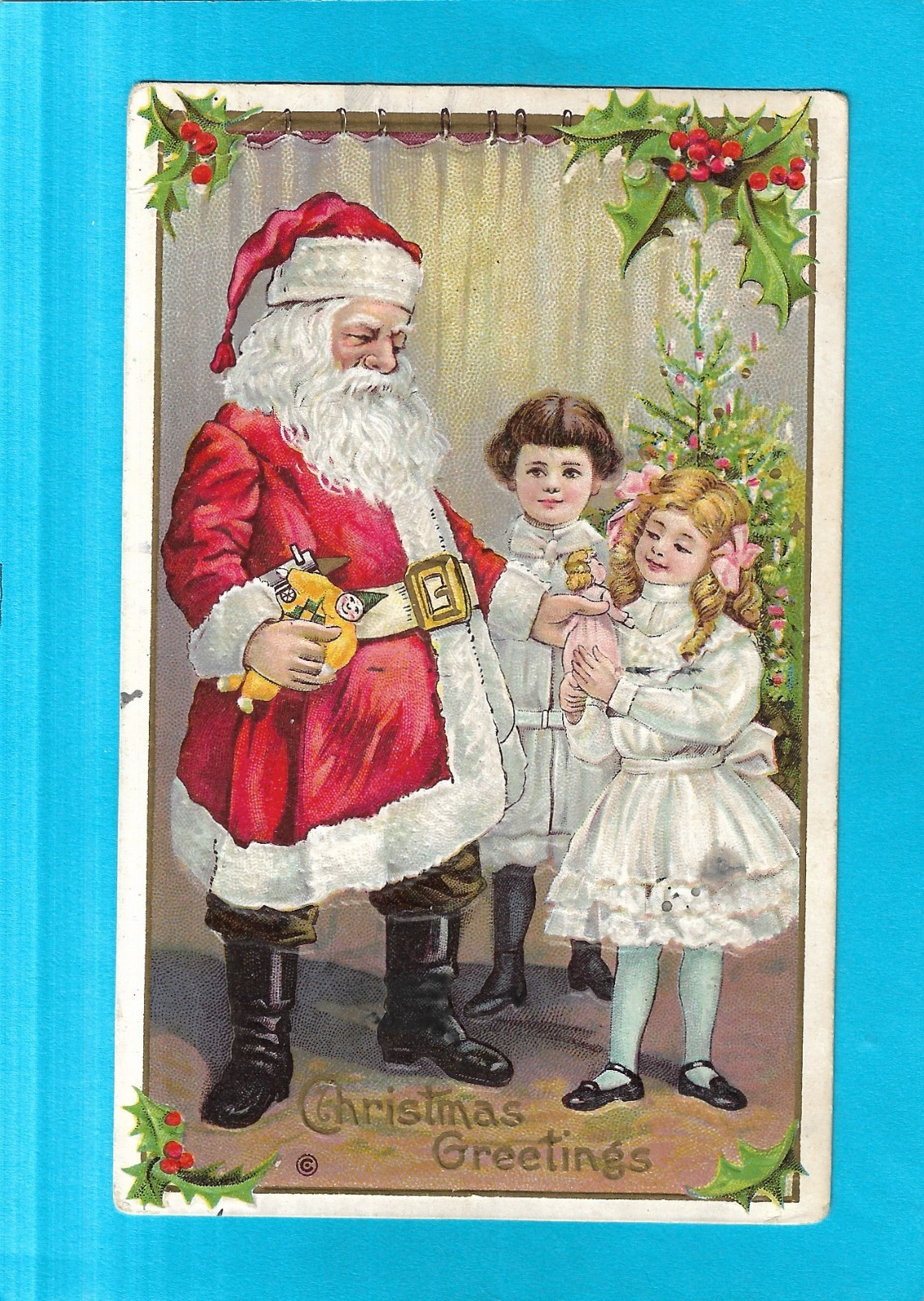 Vintage Holiday Postcard-Christmas Greetings-Santa Presents Gifts To Young Girls