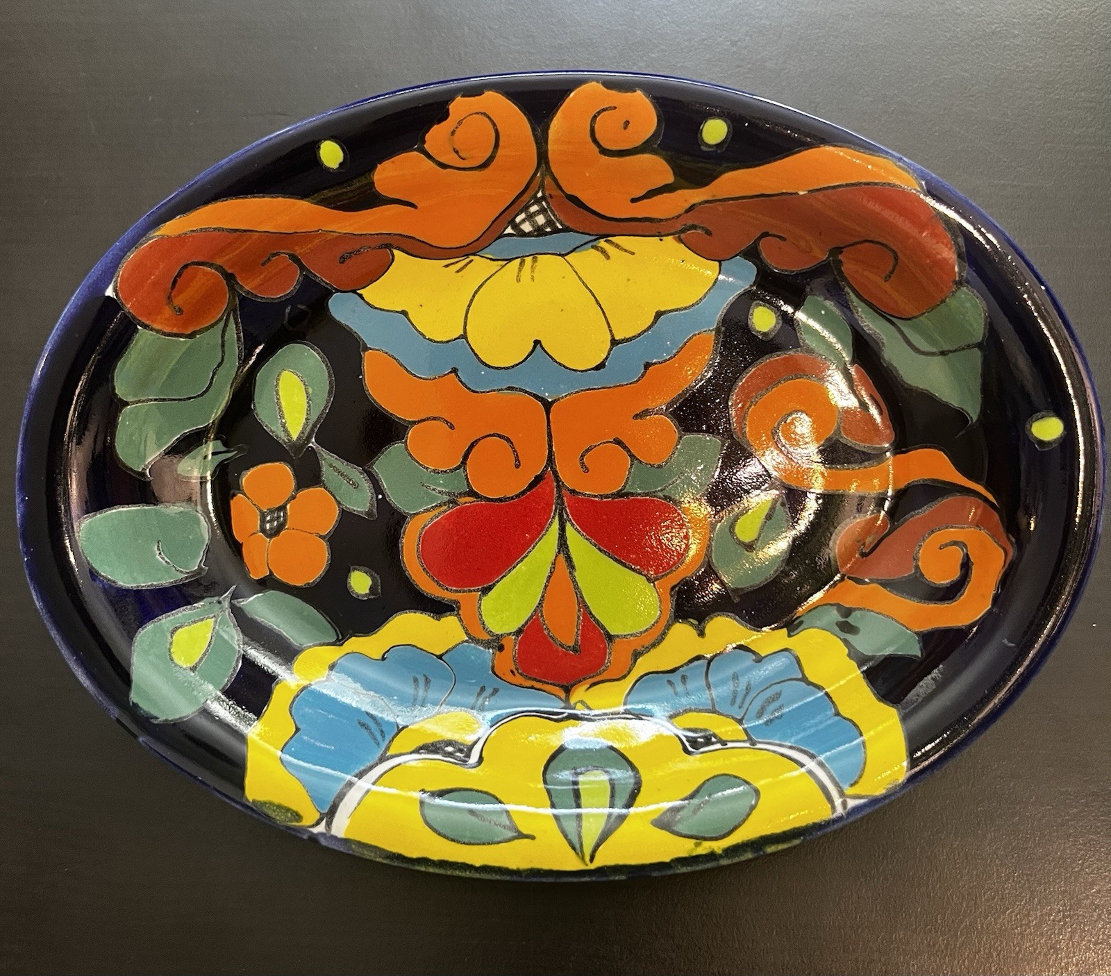Vintage Talavera Pottery Trinket Dish/Shallow Bowl. Made In Mexico.