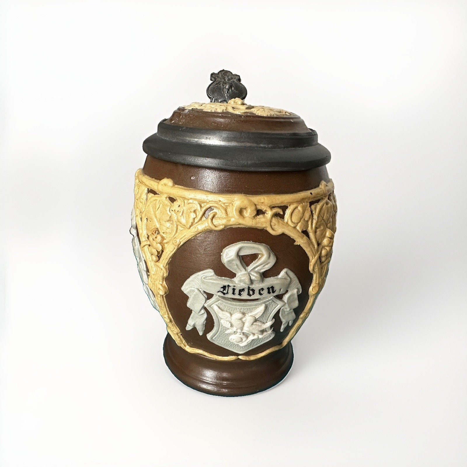 Vtg Antique German VB Ceramic Mettlach #1265 “Three Crests” Drink. Love. Sing