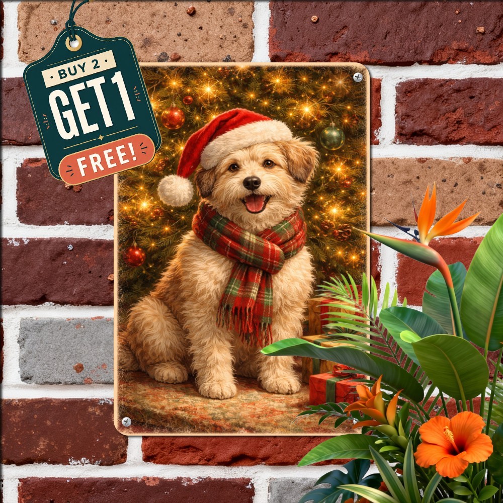 Festive Goldendoodle Christmas Dog Holiday Plaque Retro Metal Tin Sign 8x12