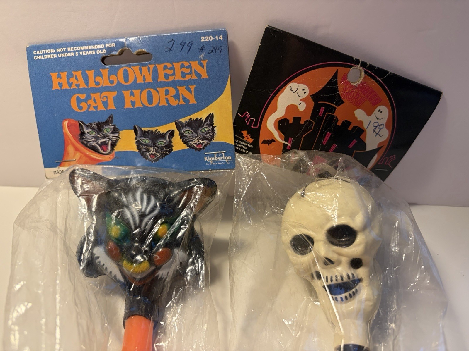 Two New In  Package Vintage Old Stock Halloween Horns Black Cat & Skeleton