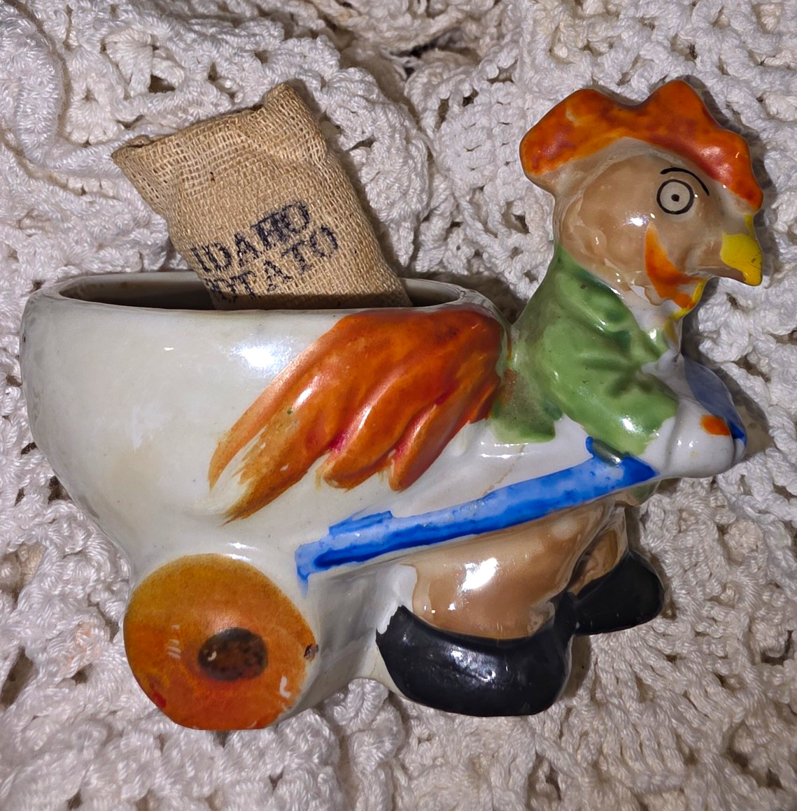 Vintage Made in Japan Figural Planter Man Pulling Cart Potato Sack 3.5