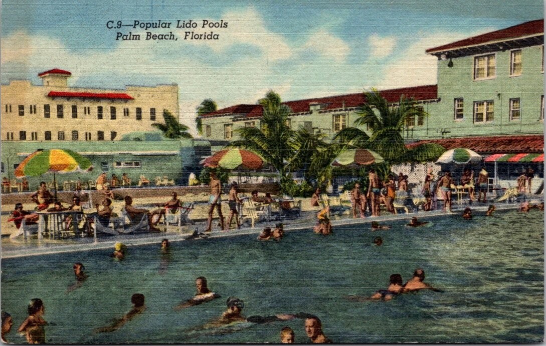 Vintage 1946 Palm Beach Lido Pools Linen Postcard by Curt Teich