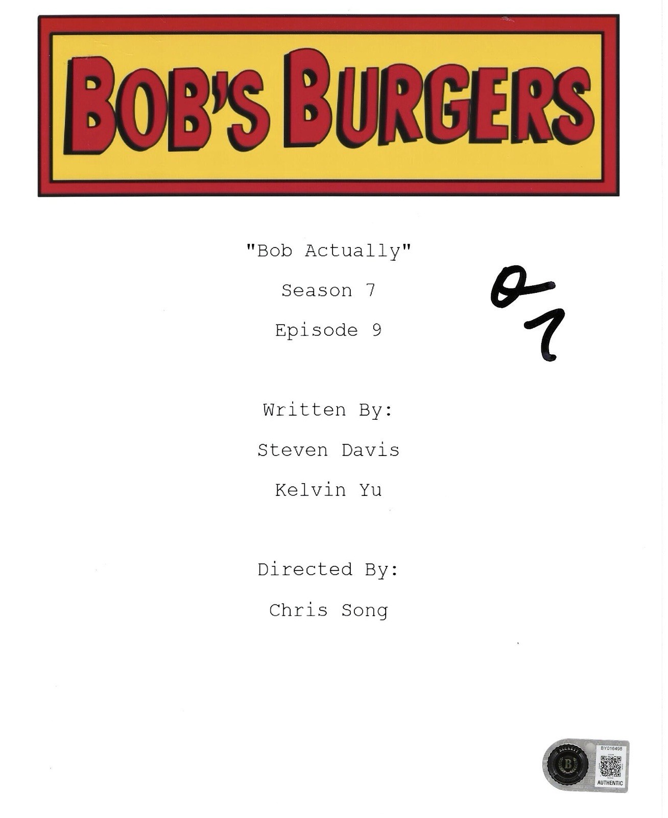 DAN MINTZ “BOB\'S BURGERS” SIGNED “BOB ACTUALLY” SCRIPT TINA BELCHER BECKETT COA