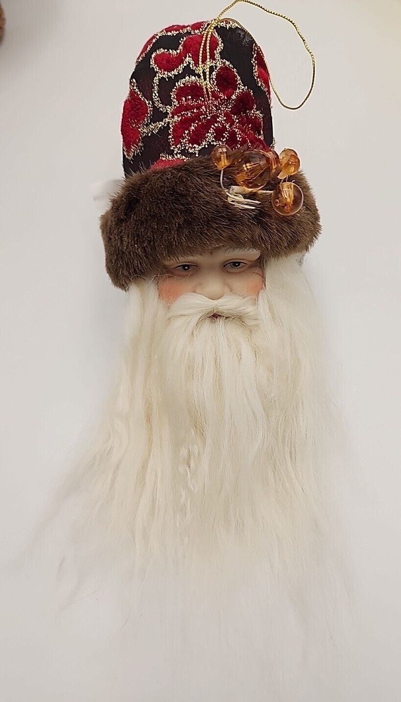 Porcelain Face SANTA CLAUS Head Multi Colored Hat Gold Accents Full Beard