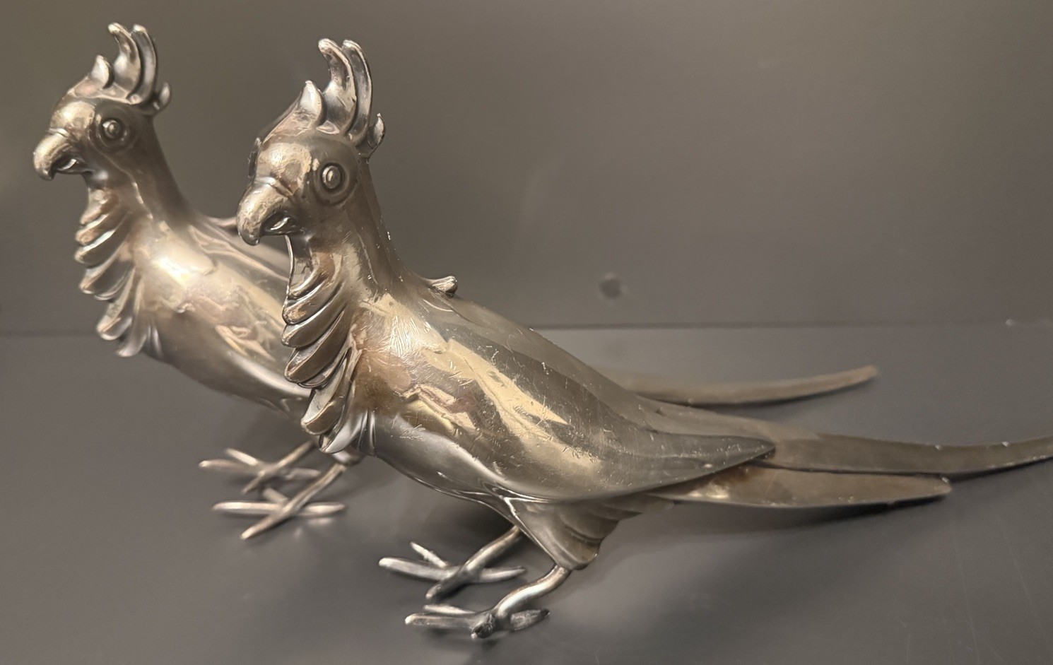 Vintage WB Mfg 70s Silver Plate Long Tail Pheasant Bird Figurines Pair 15”